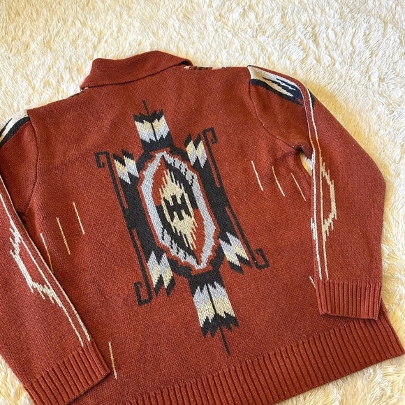 Western Cowichan Native Knit Red Shawl Collar Traditional Button Front Sweater - Picture 2 of 8